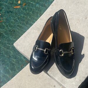 J. Crew Black Leather Loafers with Horse-bit Detail